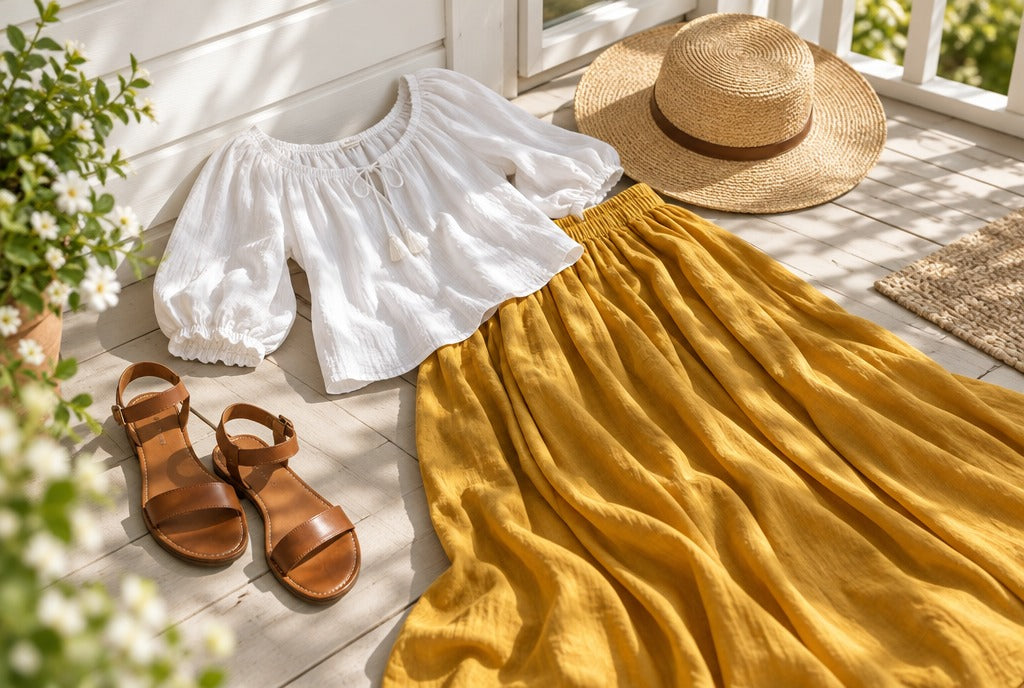 A white cotton peasant top and a flowing mustard maxi skirt with a straw hat and leather sandals laid on a sunny porch, bright summer light