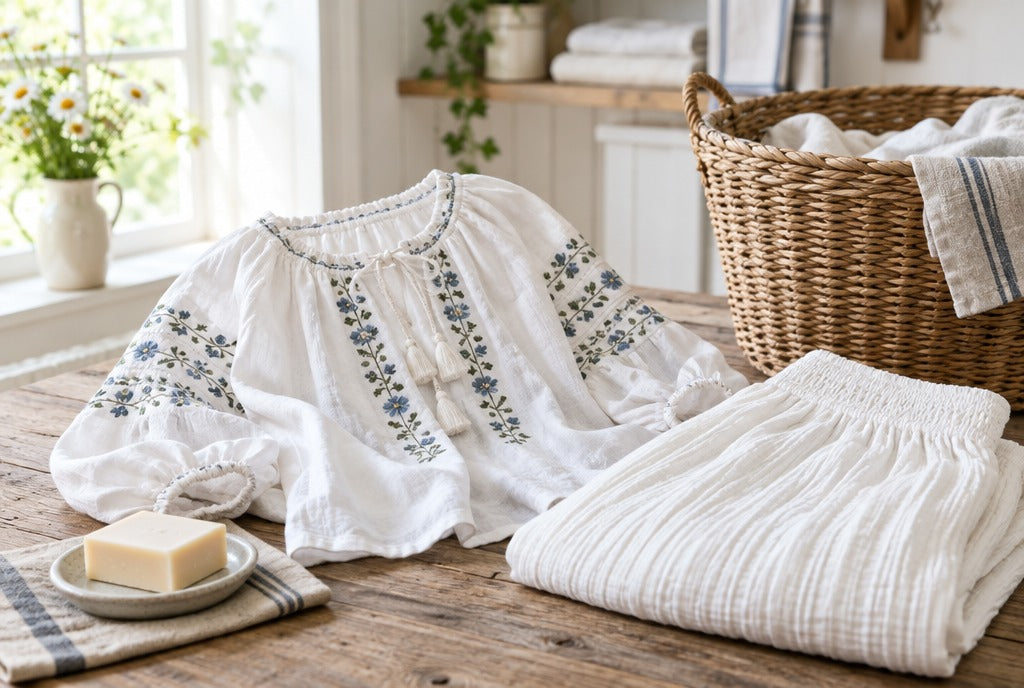 An embroidered white peasant blouse and a folded gauze skirt beside a woven laundry basket and a bar of gentle soap in a bright rustic laundry room