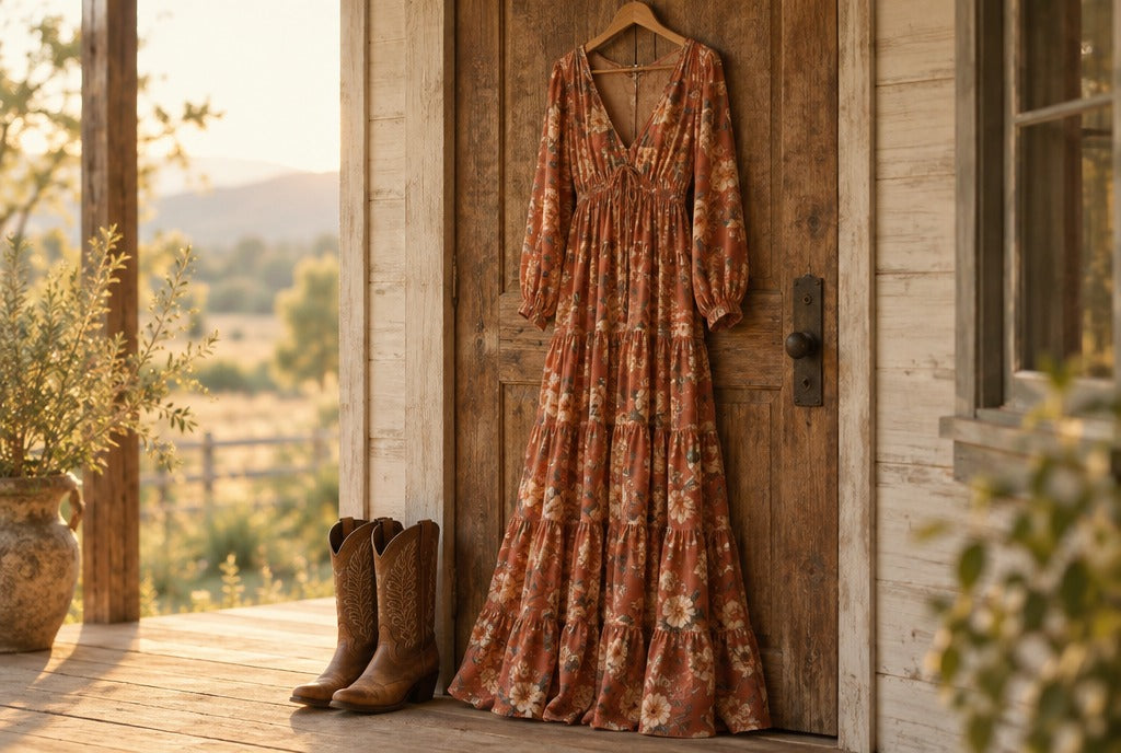 A flowing tiered boho maxi dress in a terracotta floral print hanging on a rustic wooden door, cowboy boots on the porch below, golden light