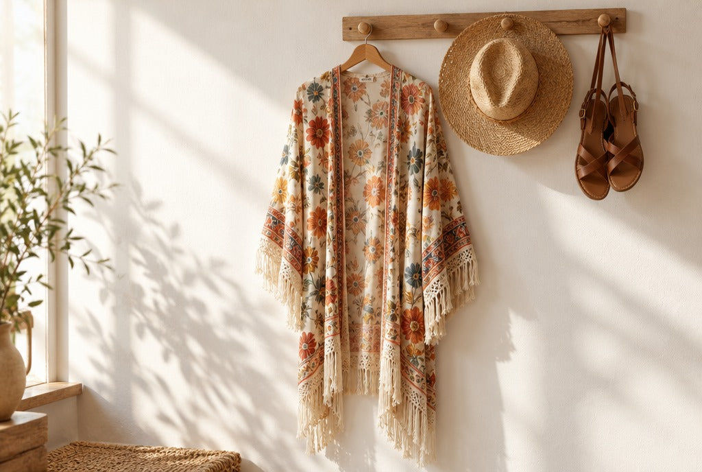 A floral boho kimono with fringe hanging on a wooden peg beside a straw hat and leather sandals, warm sunlight on a white wall