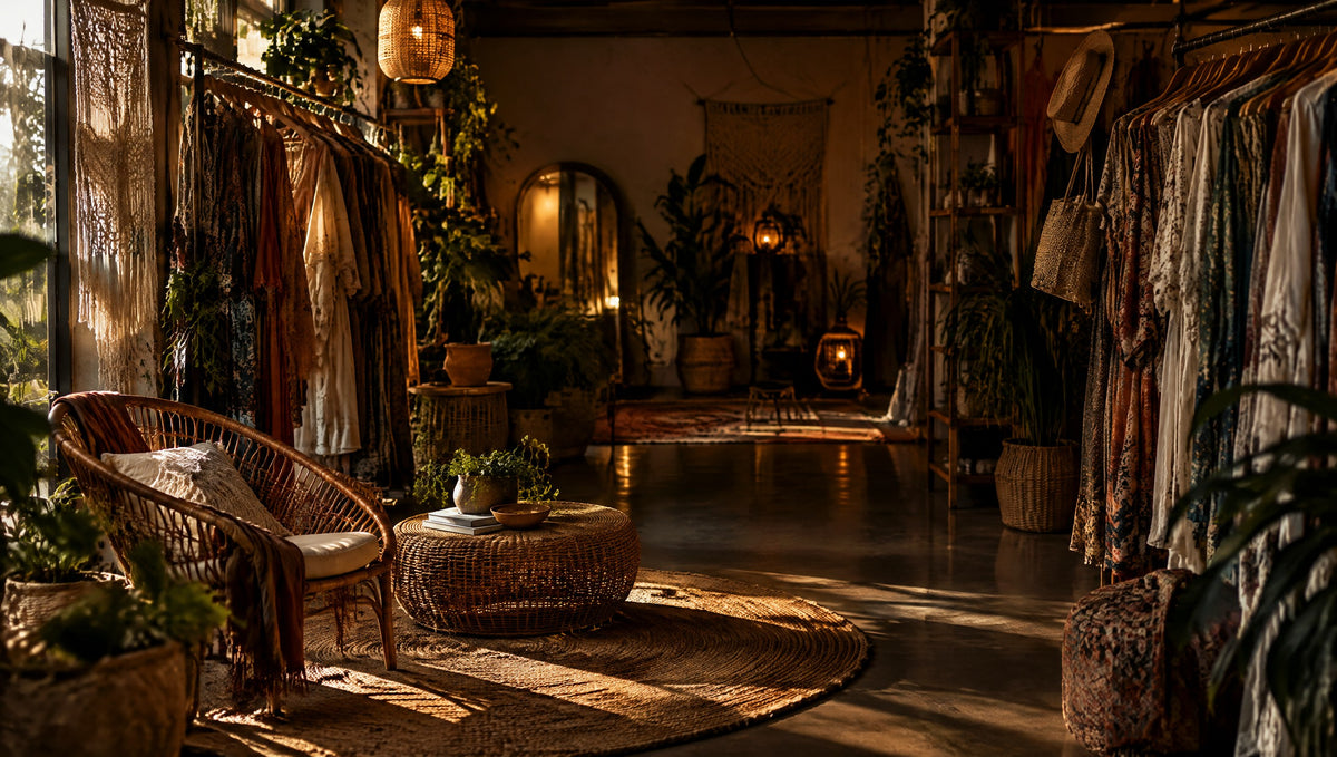 Bohemian boutique with rattan chairs and rails of dresses