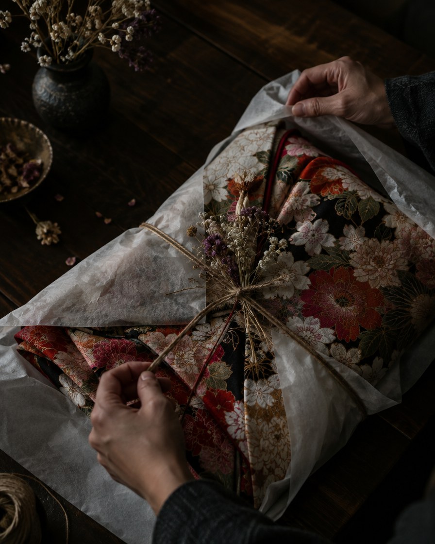 Floral kimono wrapped in tissue with dried flowers