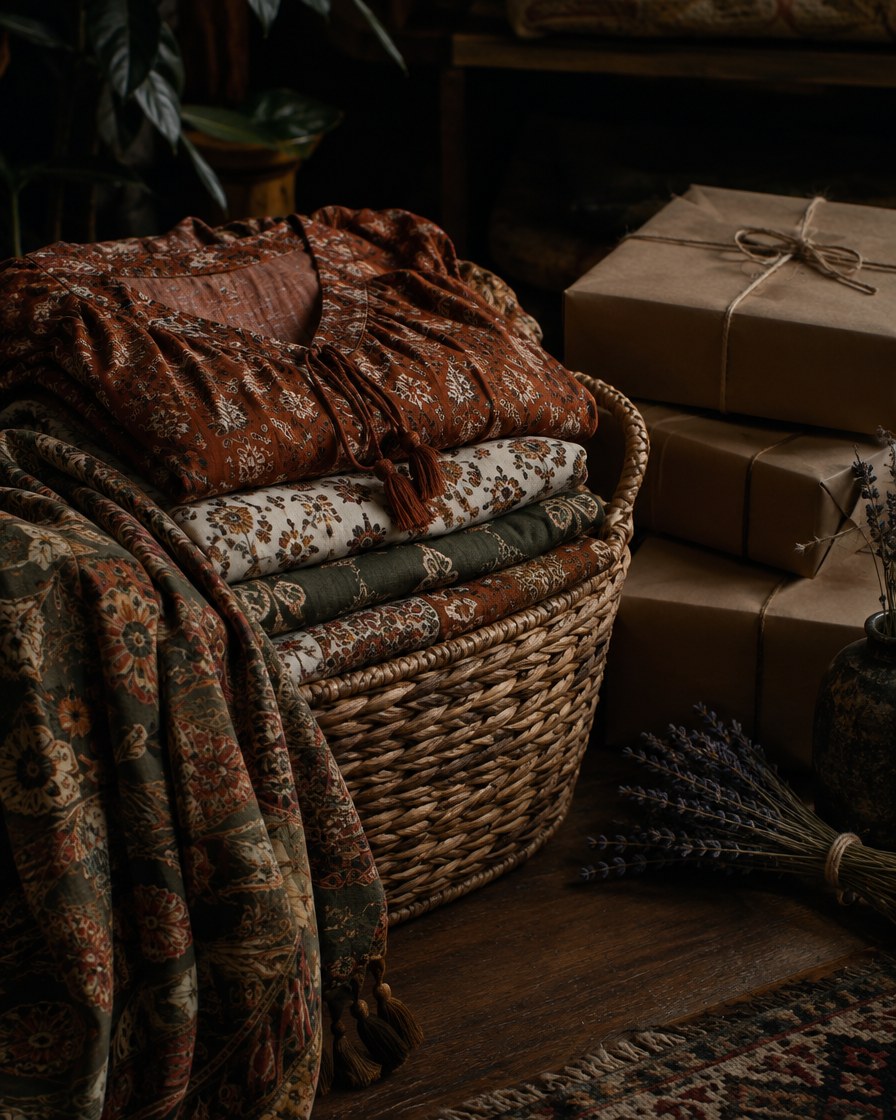 Folded boho tops in a woven basket