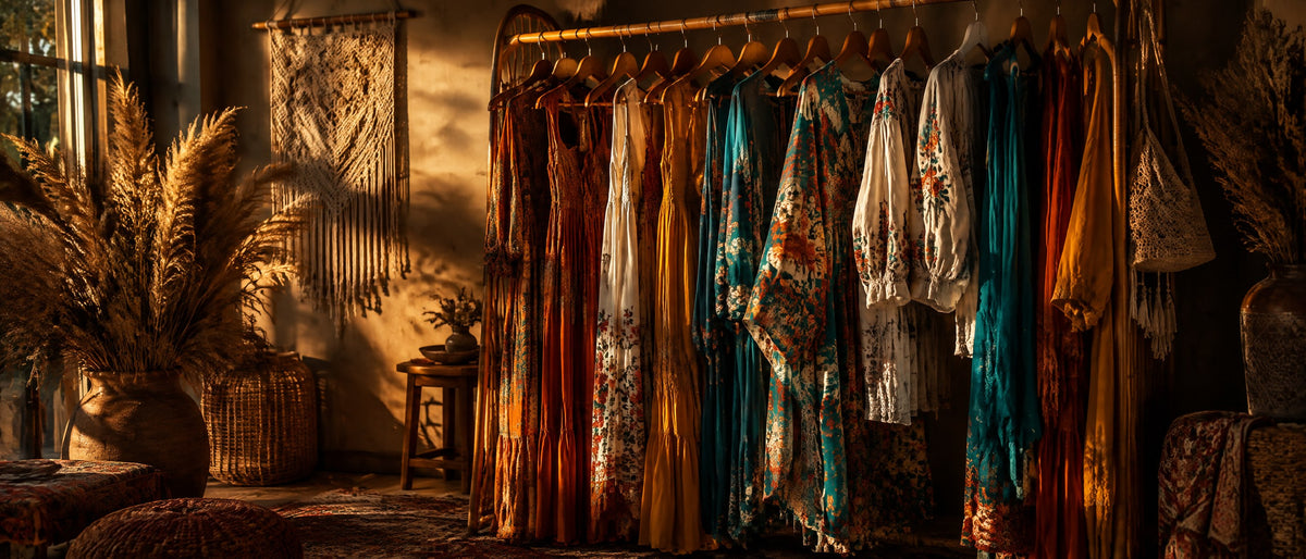 Rail of boho maxi dresses and floral kimonos at Hippie Chick