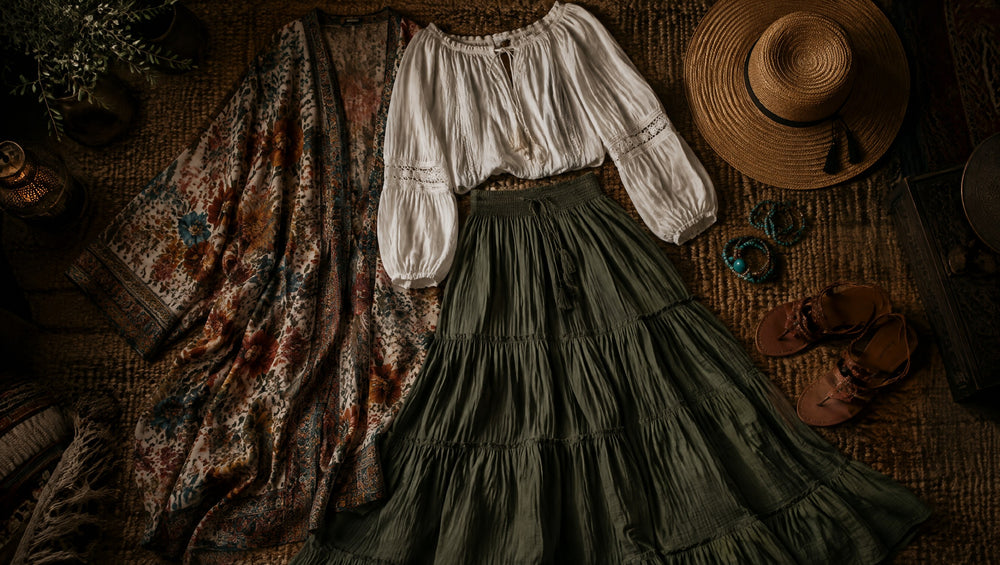 Flat lay of a floral kimono, peasant top and tiered maxi skirt
