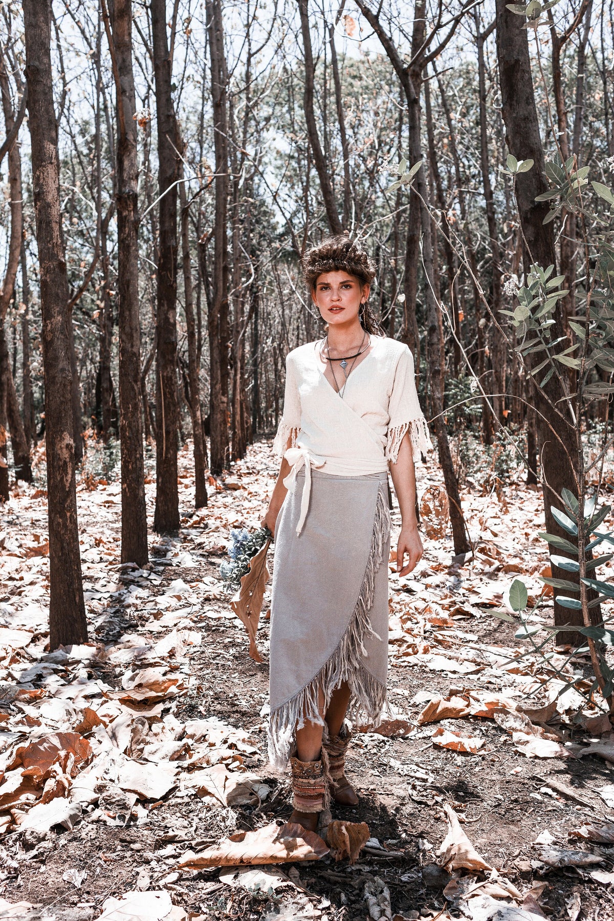 Fern Gray Linen Wrap Maxi Skirt — view 5