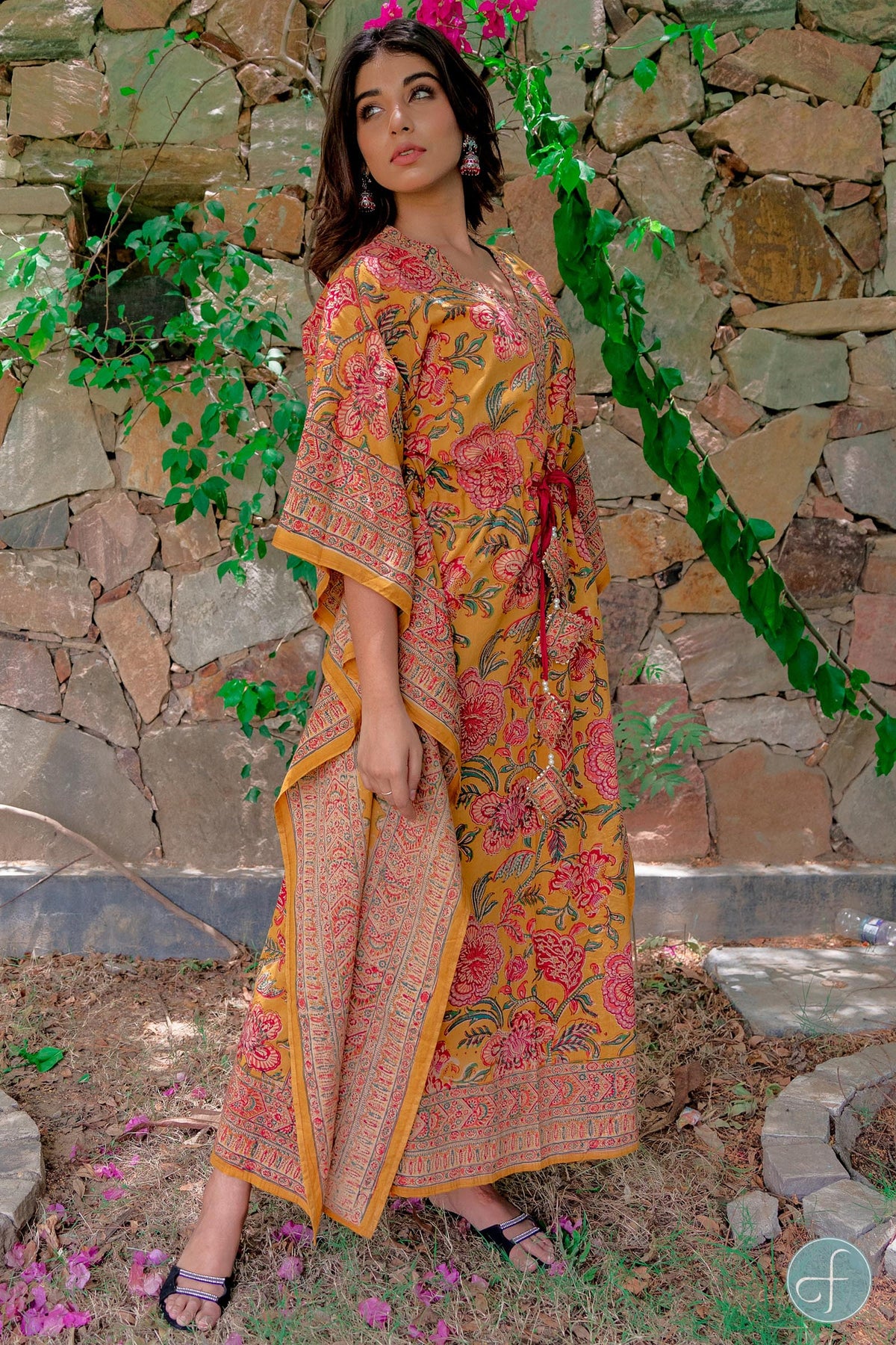 Zara Floral Cotton Kaftan Maxi Dress — view 3