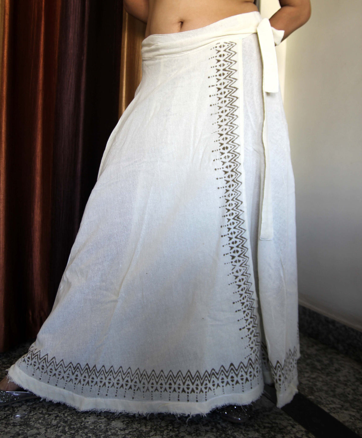 June Block-Print Cotton Wrap Maxi Skirt — view 4