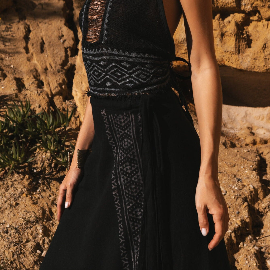 Rae Block-Print Cotton Wrap Maxi Skirt — view 6