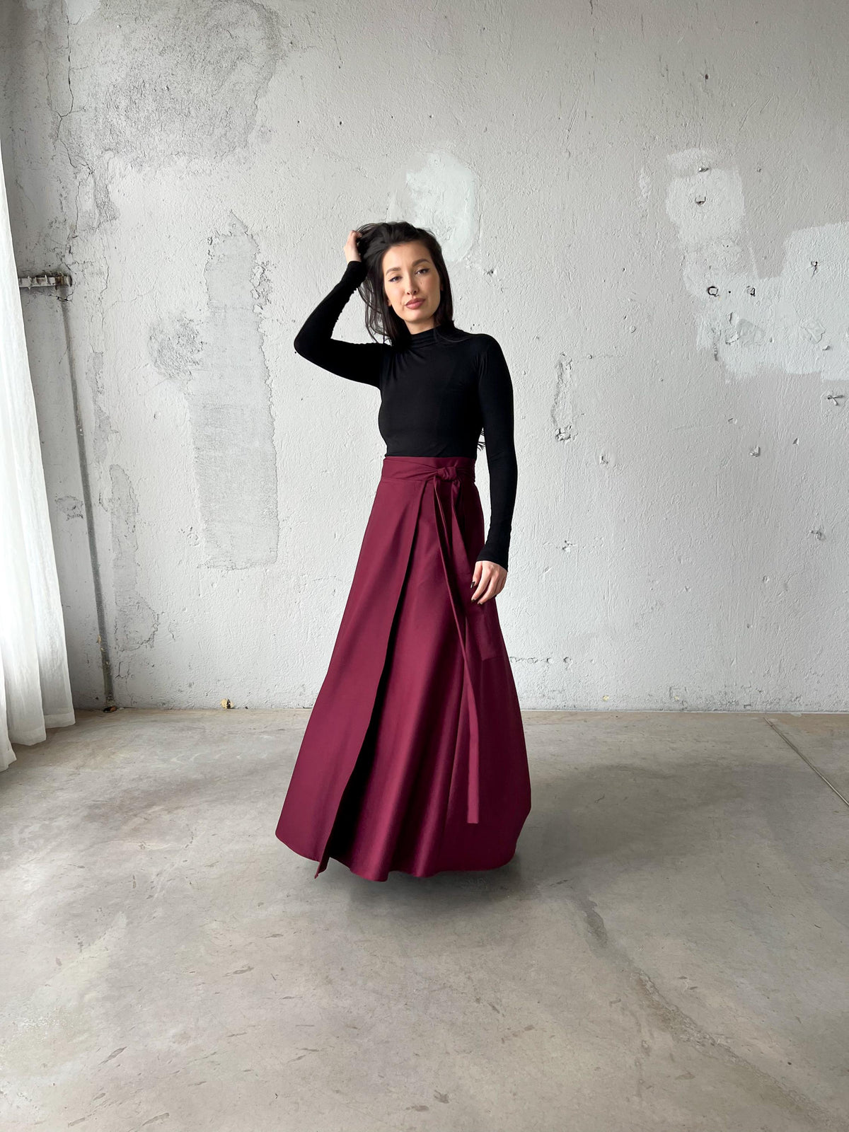 Lila Burgundy Wool Wrap Maxi Skirt — view 5