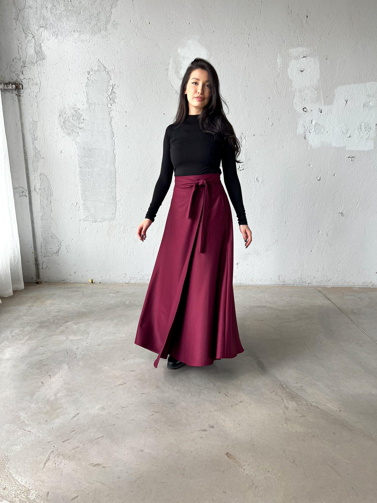Lila Burgundy Wool Wrap Maxi Skirt — view 2