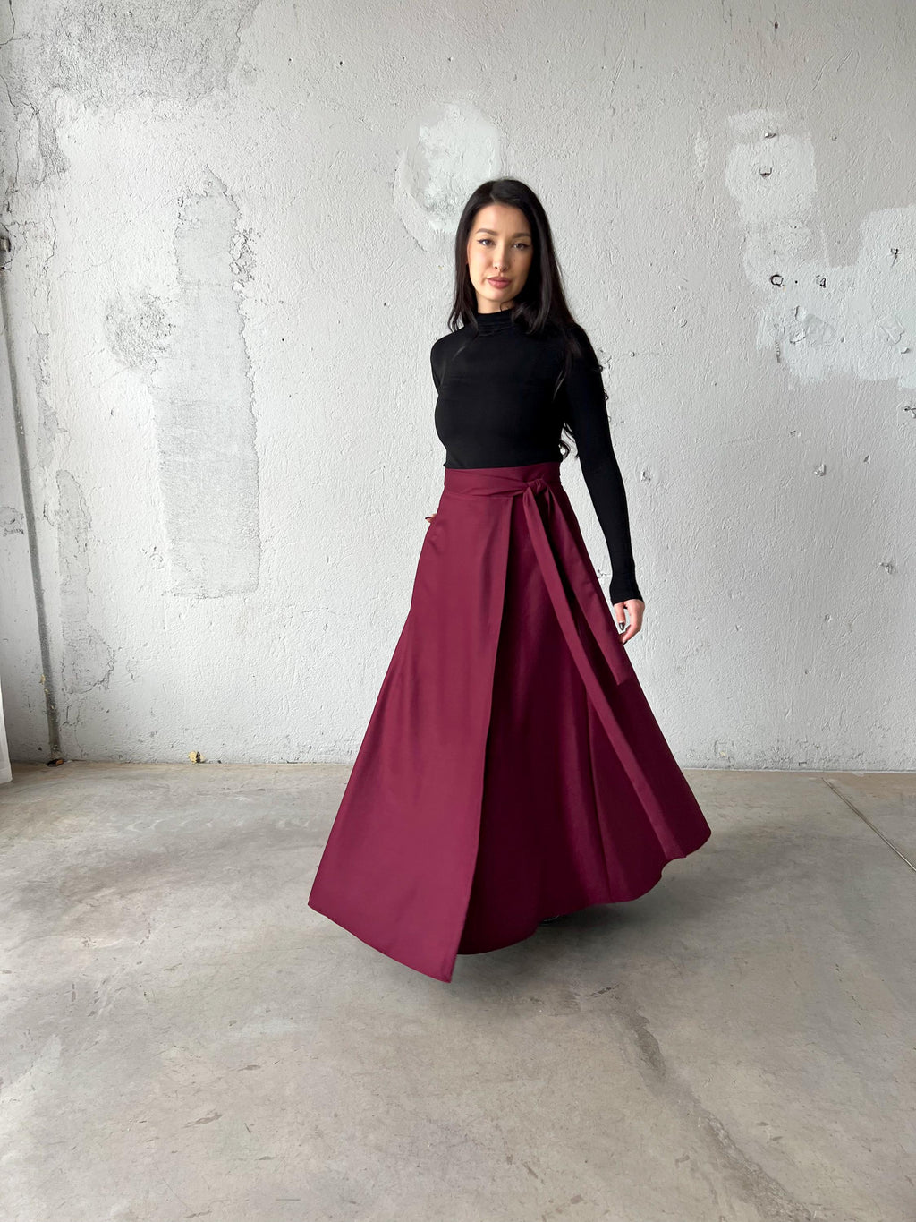 Lila Burgundy Wool Wrap Maxi Skirt — view 4