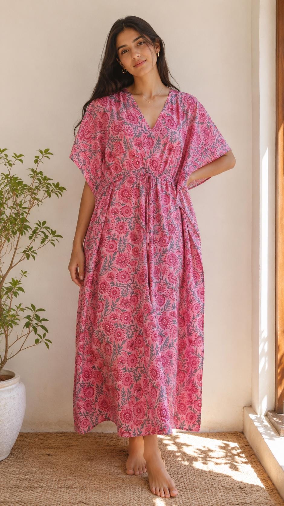 Ines Floral Cotton Kaftan Maxi Dress — Hippie Chick